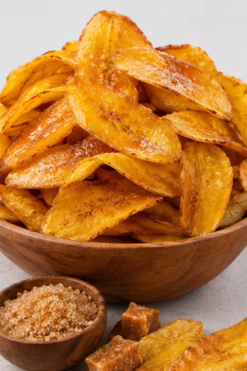 Chifles dulces en un bol de madera, con azúcar rubia y chancaca