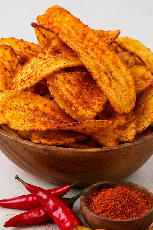 Chifles picantes con ají en polvo y ajíes rojos