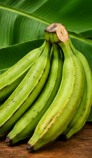 Racimo de plátanos verdes sobre hojas de plátano