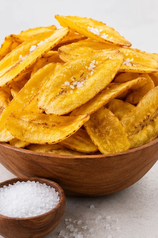Chifles salados en un bol de madera, con sal gruesa